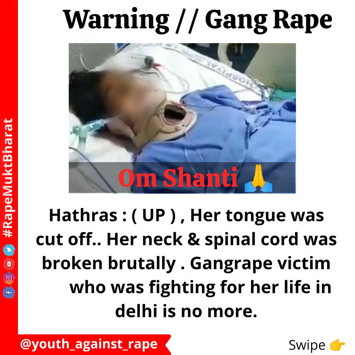 youthaginstrape's tweet photo. [Thread] 

#RIPManishaValmiki #JusticeForManisha | 
Here is what happened! 

A teenage girl who was with her mother, cutting grass in maze field was chocked with her dupatta, sexually assaulted and her tongue was slit by a group of men. https://t.co/vMrqfpJsFD