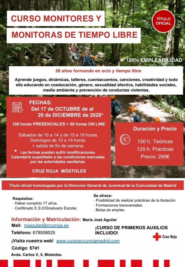 CruzRojaMostole's tweet photo. Próximo Curso Monitor y Monitoras de Tiempo Libre
➡ Inicio: 17/10/2020
➡ Fin: 20/10/2020
🙎de contacto: María José Aguilar.
☎️ 913-30-88-35 📩 mjaguilar@cruzroja.es
#FormaciónCR #Móstoles #MonitorOTL https://t.co/01n0BFFK6b