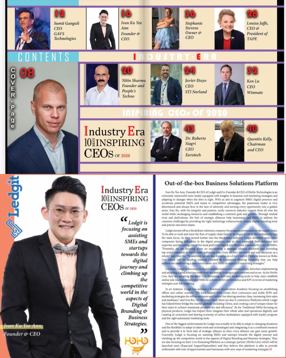 Once again, The Ledgit Team has achieved yet another great milestone in 2020! Congratulations to the Founder and CEO of Ledgit, Mr. Ivan Ku for being recognized as the "10 Best Inspiring CEOs of 2020" by Industry Era Recognition Magazine!
#Ledgit <a href="/IndustryEra/">Industry Era</a> #10BestInspiringCEOs