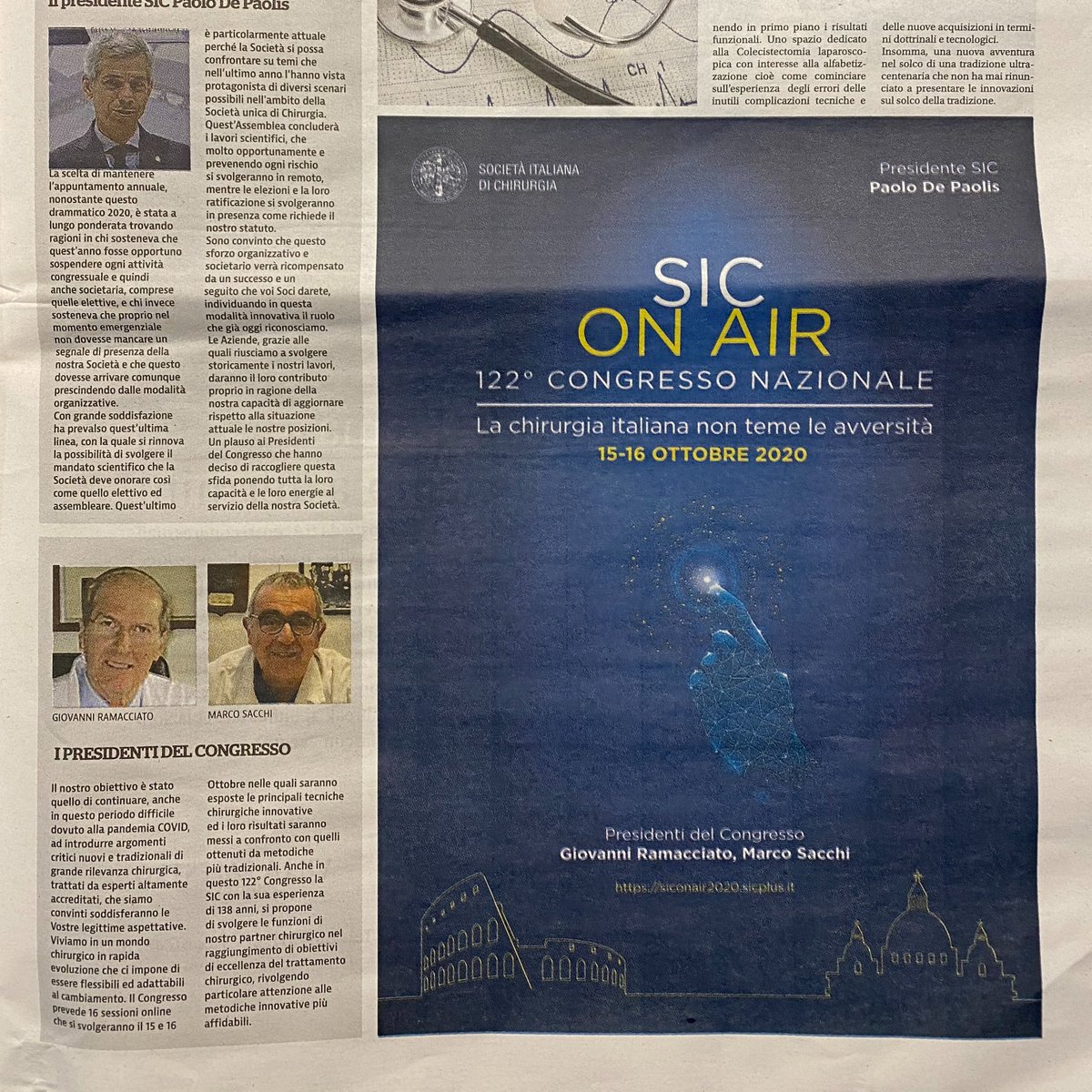 AIMGroupInt's tweet photo. The #SICOnAIR #onlineevent to be held mid October appeared on the major Italian newspaper
@repubblica with a detailed insight on the #scientificcontent and topics that weren't included in the program for a long time. Good Luck to the involved teams! @ChirurgiaSic https://t.co/SMmViYmwgP