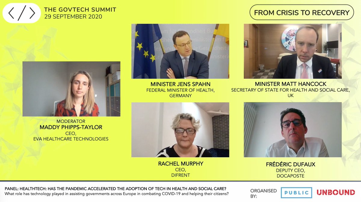 PUBLIC (@PUBLIC_Team) on Twitter photo 2020-09-29 10:20:07 Tune in to the #GovTechSummit now to listen to #HealthTech panel 'Has the pandemic accelerated the adoption of tech in health and social care?' to hear from UK Health Minister @MattHancock 🇬🇧 German Health Minister @jensspahn Rachel Murphy at @BeDifrent and Frederic Dufaux 🚀 Tune in to the #GovTechSummit now to listen to #HealthTech panel 'Has the pandemic accelerated the adoption of tech in health and social care?' to hear from UK Health Minister @MattHancock 🇬🇧 German Health Minister @jensspahn Rachel Murphy at @BeDifrent and Frederic Dufaux 🚀