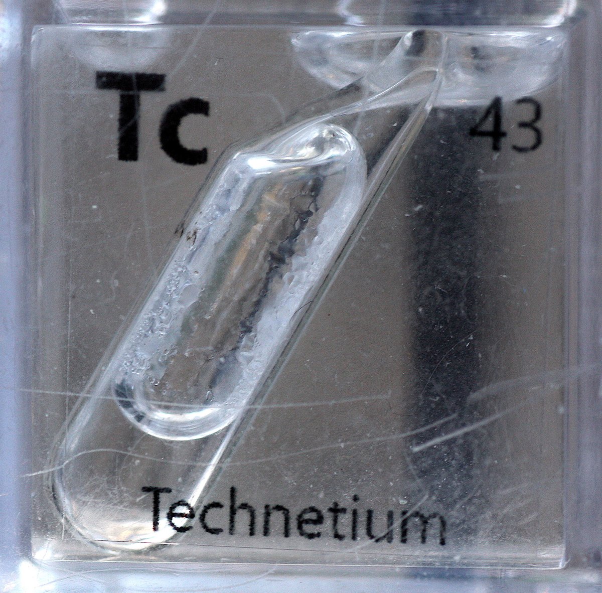 Technetium  #elementphotos. All Tc is radioactive and difficult to obtain - these ampoules contain solutions of the radiopharmaceuctical sodium pertechnetate (Na[TcO4]). Starts as Mo-99, which decays to Tc-99m (half-life 6hrs), then to more stable Tc-99 (t1/2 = 211K yrs).