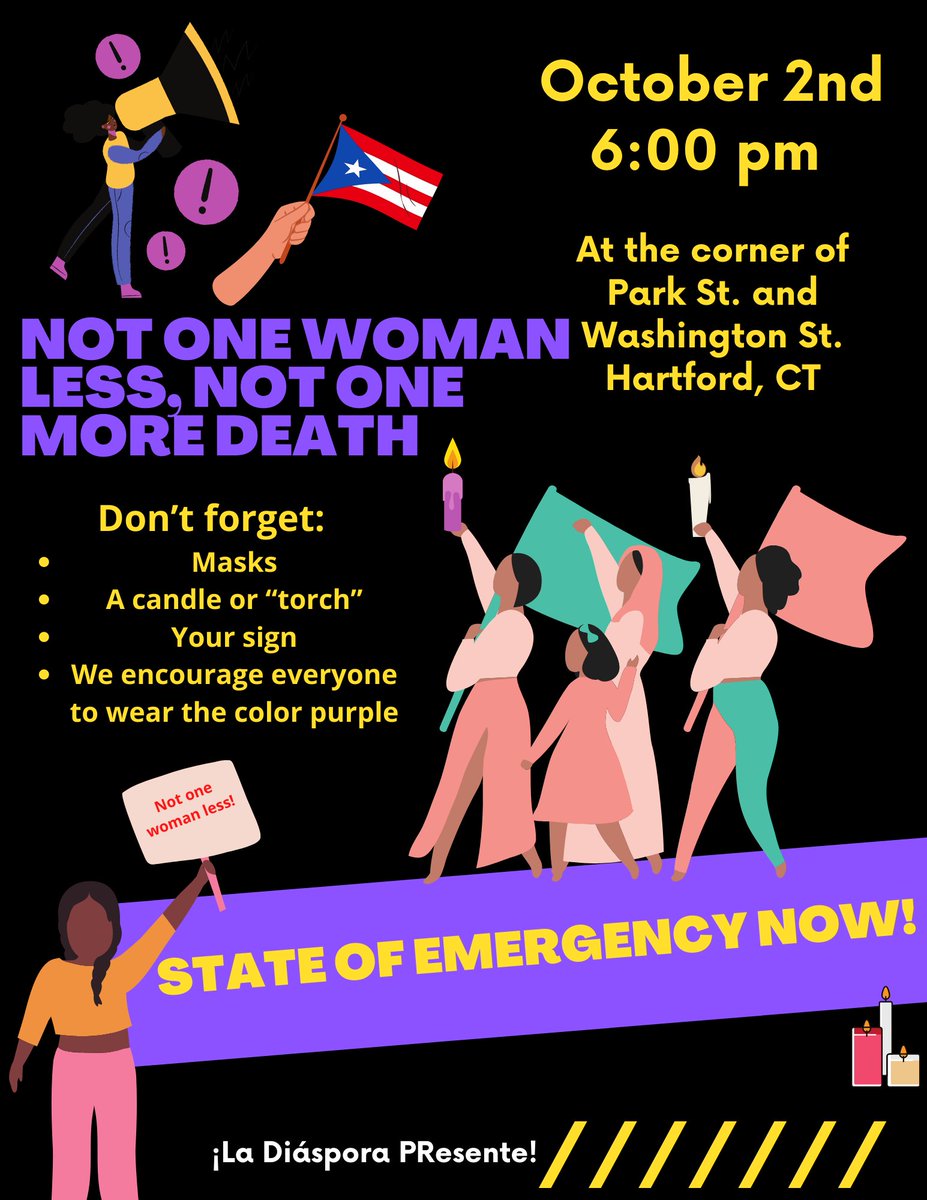 NinaVzqz23's tweet photo. We join the call made by @ColeFeminista for the State of Emergency due to the gender violence in Puerto Rico.
Not one woman less, not one more death. Join us at Hartford, CT October 2nd!
Any questions: DM me.
#NiUnaMenos #NiUnaMas #NotOneWomanLess #PuertoRico https://t.co/bHb4T5ydA4