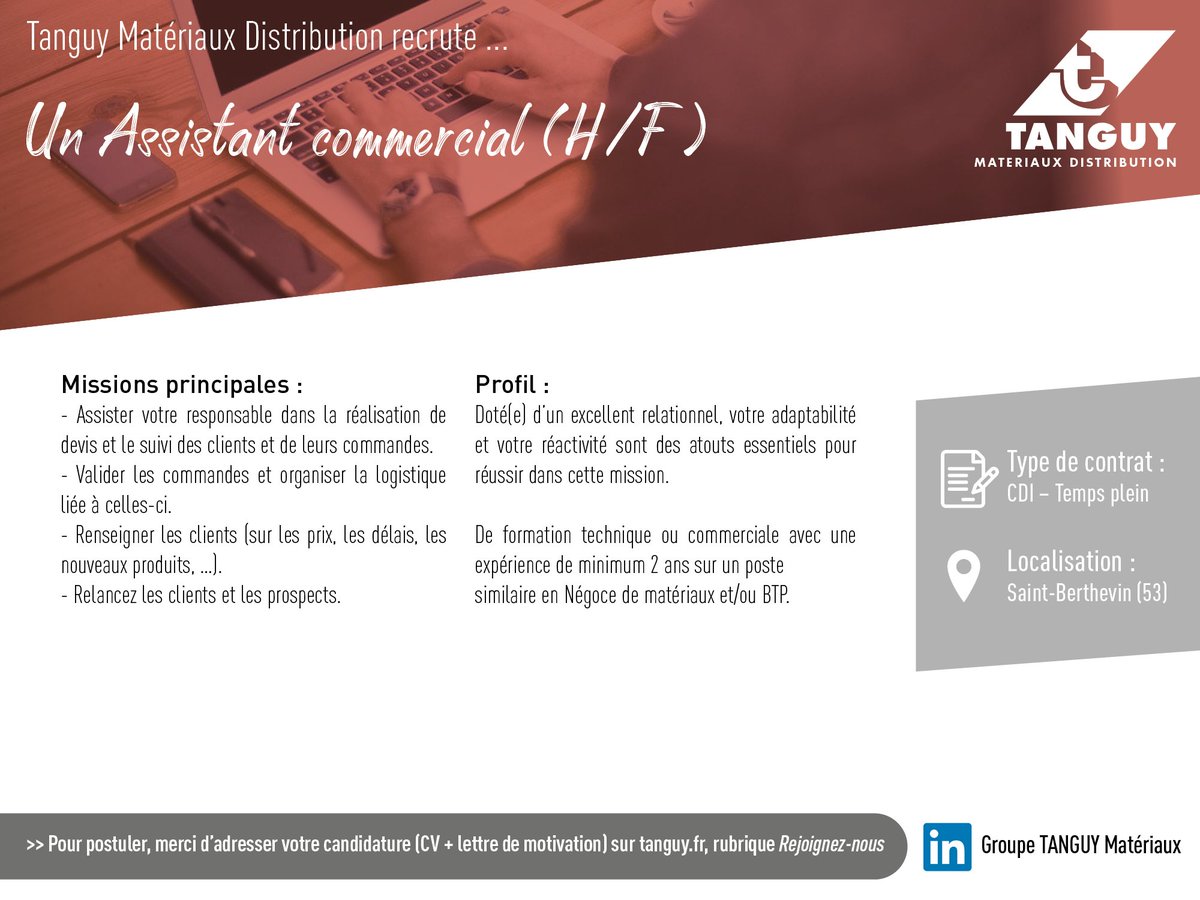 groupetanguy's tweet photo. [Recrutements]
La société Tanguy Matériaux Distribution recrute un Assistant commercial (H/F) pour son agence de Saint-Berthevin (53).
✔️ Pour postuler, c'est par ici :  https://t.co/Ca1rgdM0UJ
#Job #Emploi #Recrutement https://t.co/W05WYrnRbq
