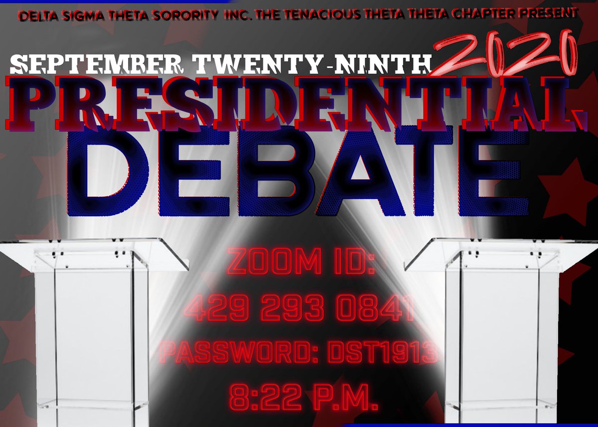 DSTThetaTheta's tweet image. Join us for the first 2020 Presidential Debate🇺🇸 On Sept. 29th at 8:22p.m we’ll watch the former Vice President Joe Biden and President Donald Trump face questions about Coronavirus🦠, the Supreme Court🏛, and elected office track records. They meet at 9 p.m. 🥰 #DST1913