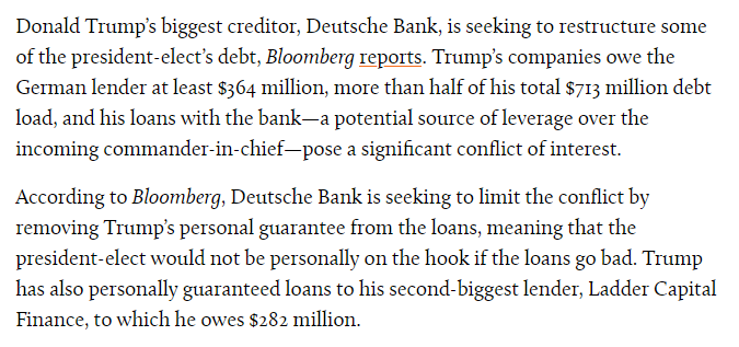 Which brings us back to "mundane." Trump didn't have sufficient collateral for his loans, hence personal guarantees to DB and Ladder Capital:  https://www.motherjones.com/politics/2016/12/trumps-biggest-lender-looking-new-terms/This is where the "theories of secret payments" come in, to explain what otherwise makes little sense. /9