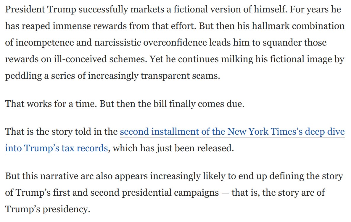 2) Trump's creation of a fictional self on "the Apprentice," followed by years of squandering his gains through incompetence and narcissism, parallel his election in 2016 on a fraudulent platform and his disastrous first term with eerie precision: https://www.washingtonpost.com/opinions/2020/09/29/when-trump-attacks-biden-debate-his-scam-will-hit-rock-bottom/