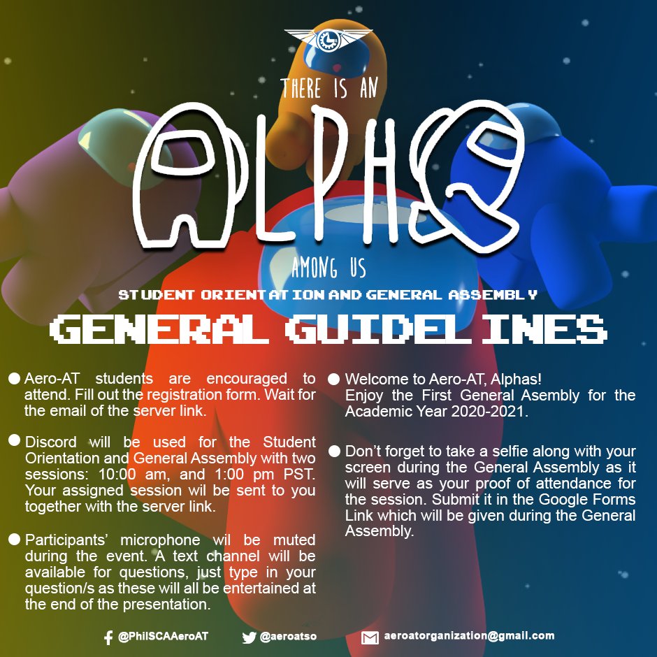 aeroatso's tweet photo. Welcome aboard, Crewmates! The Aero-AT Student Organization invites you to its first Virtual General Assembly on Friday, October 2! Make sure to have your Discord accounts and questions regarding this school year ready.
#Alpha #PhilSCA #AeroATGeneralAssemly
#AlphaAmongUS https://t.co/7XB3K7cttb