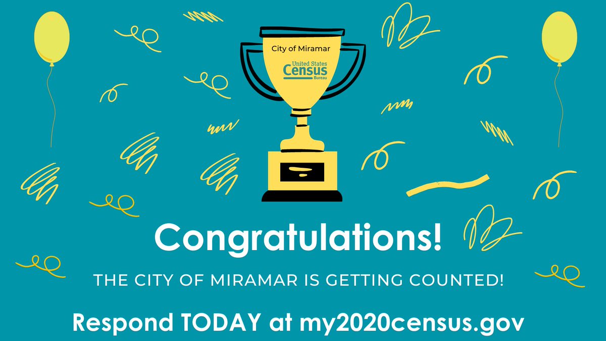 Congratulations to <a href="/CityofMiramar/">#WeareMiramar</a> for surpassing its 2010 Census response rate!

Let's get all <a href="/BrowardCounty/">Broward County Government</a> municipalities to the #2020Census finish line by responding online TODAY at my2020census.gov or 📞(844) 330-2020.