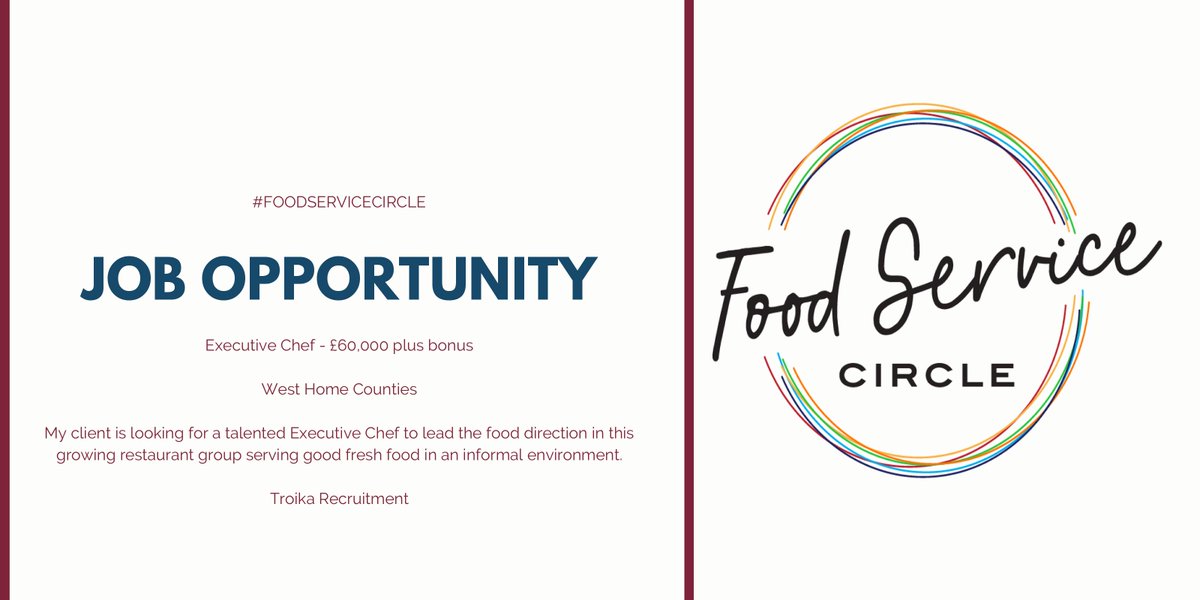 **Job Opportunity** @Troikachat are currently seeking an experienced #ExecutiveChef in the West Home Counties. #FoodServiceCircle #JobSearch #JobOpportunities #FSCJobs Interested? Follow the link to find out more. ow.ly/nXss50BE8h0