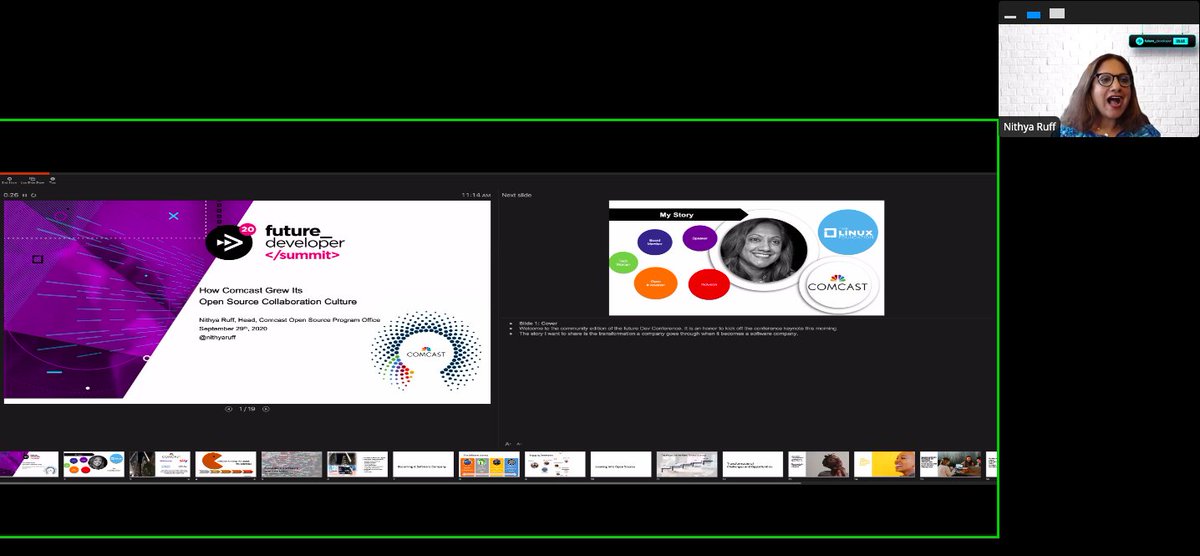 ShillaSaebi's tweet image. Listening to @nithyaruff tell us how @comcast grew into a software company &amp;amp; she just started the presentation w/ her journey into #opensource at the Future Developer Summit #FDS20 #FutureDev