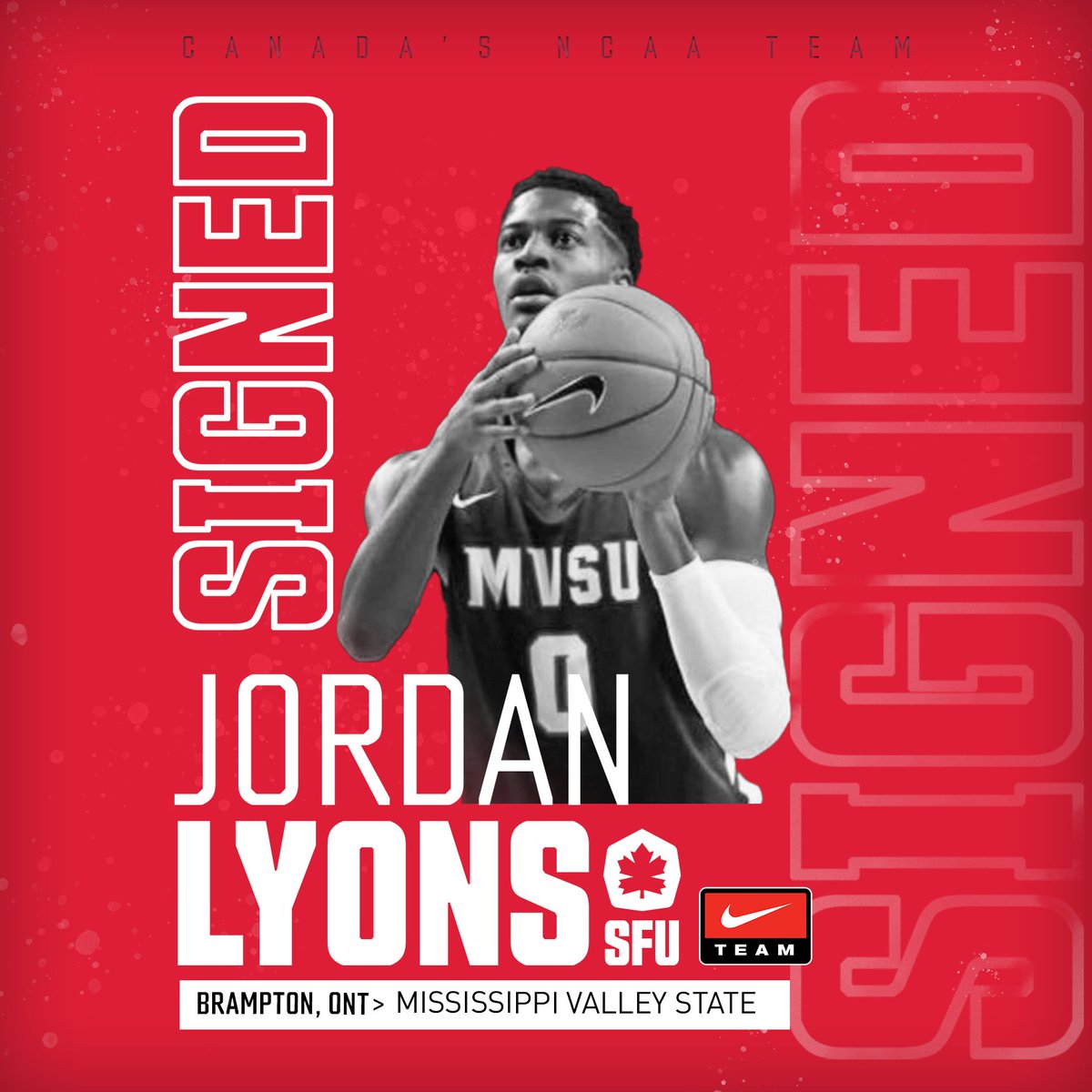 sfu_mbb's tweet photo. SIGNED!
We want to welcome @JayLyons_ to the SFU Men's Basketball family as a late addition to our 2020 class! 

🎥 2019-20 Highlights > https://t.co/22LNveu6h2

6'7 F > Mississippi Valley State > SFU Beedie School of Business > Brampton, ON  
#RepTheLeaf🍁 
#sfumbb https://t.co/VfKuOPnMG5