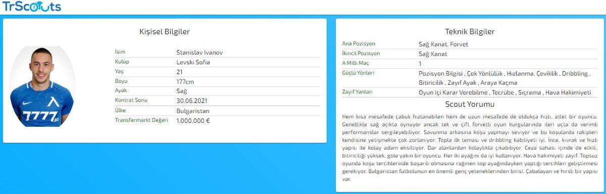 #Galatasaray 'ın #transfer gündeminde olduğu iddia edilen #Levski Sofia'nın kanat oyuncusu Stanislav #Ivanov hakkında TrScouts sisteminde yer alan özellikler ve yorum