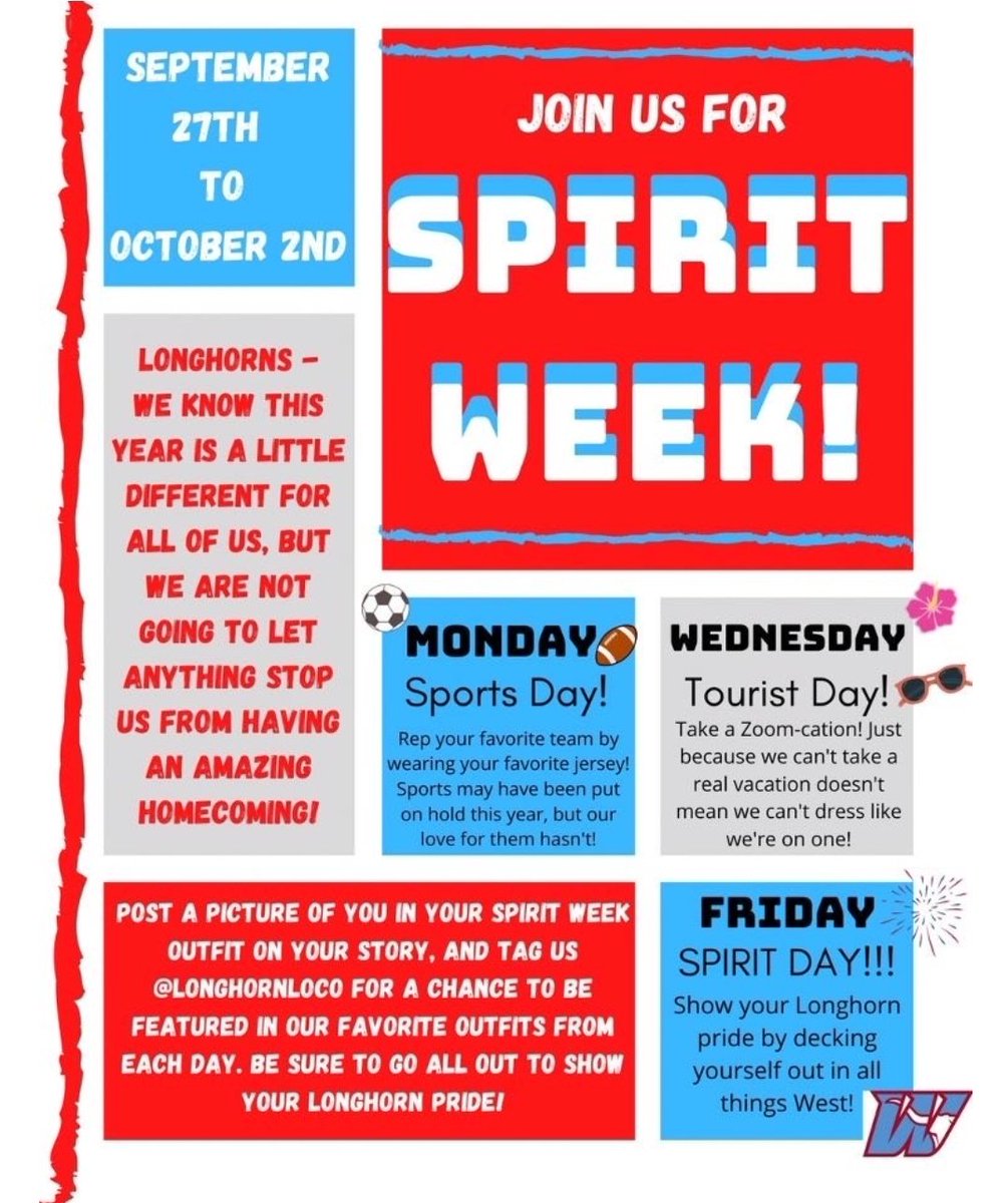 Longhorns, check our Spirit Week days this week! Let's have some fun! 🧳✈💙🤍❤