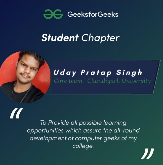 iamcoderu's tweet image. Hello everyone.
I am glad to share that i have become a part of the core team of  and got the opportunity to work as &apos;Technical Head&apos; with my team. 

@geeksforgeeks
#GeeksforGeeksStudentChapter #StudentChapter
#StudentChapterLead
#coding
#Community 
#GSC