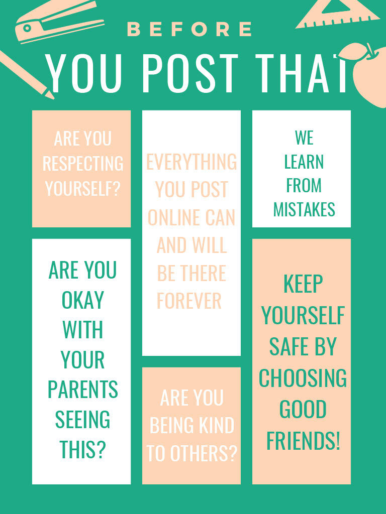 MissKaht's tweet photo. with the popularity of social media continuing to grow, I created this poster on social media for your students to see. Younger students, especially middle schoolers, tend to not realize how important their online presence is or how to keep themselves protected. #pln #cofcpln https://t.co/lPU0OKQo3y