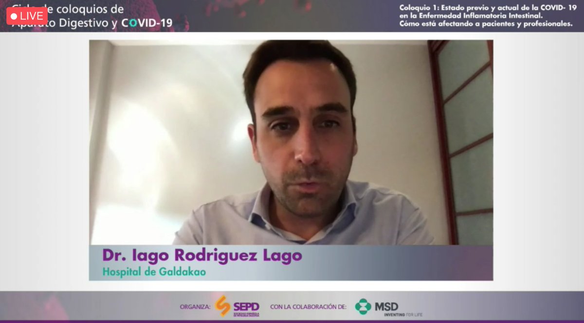 sepdigestiva's tweet photo. #coloquioSEPD | “De forma general, los tratamientos utilizados para la #EII son seguros y no se recomienda modificar su administración o suspenderlos por riesgo de COVID-19” señala el Dr. @Iagorlago durante su intervención. https://t.co/uQVF2PWUyl