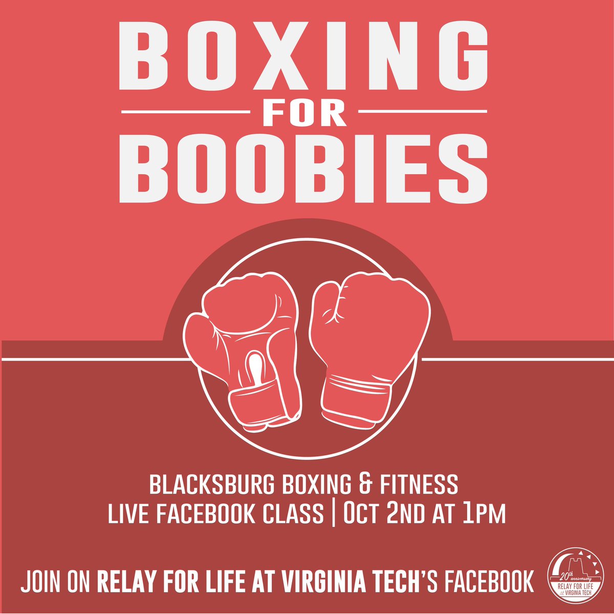 VTRelay's tweet photo. Join Relay For Life at Virginia Tech and Blacksburg Boxing and Fitness for a virtual boxing class! Head over to Relay's Facebook page at 1:00 pm on October 2nd and sweat your heart out for a great cause. Donations are suggested at https://t.co/fBcIpitpP7 💜 https://t.co/ekiJVqfF0w