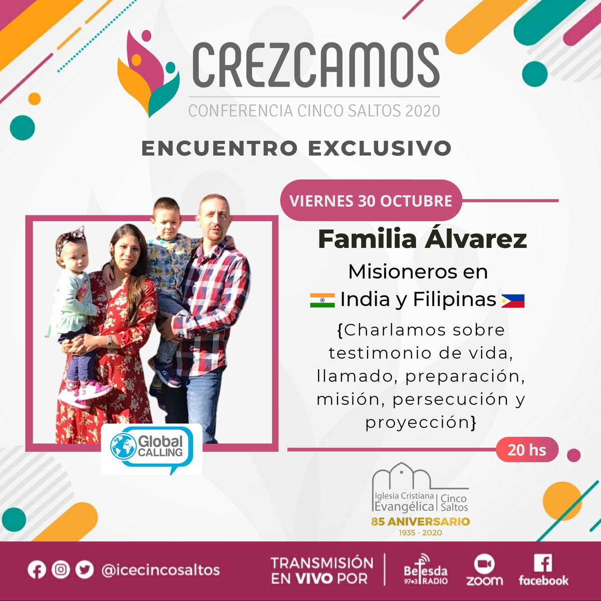 ICECincoSaltos's tweet photo. REZCAMOS  OCTUBRE 2020

Hoy queremos contarte de un encuentro muy especial de #ccs2020. Tendremos una charla exclusiva con Diego y Deissy Álvarez. 
Ellos son misioneros en Asia 🇮🇳 🇵🇭 , fundadores de Global Calling y escritora del libro  Metamorfosis de Vida. https://t.co/l82OxXruYr