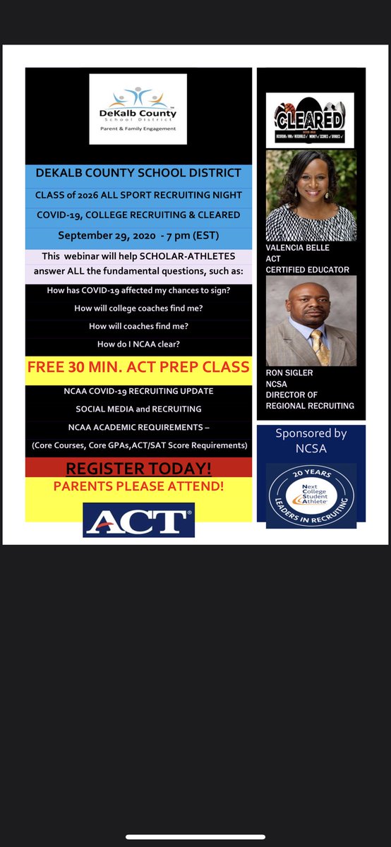 DEKALB CO. ATHLETES 8-12 ⚾️🏈🏀🤼‍♂️👟⚽️🏐🥎7:00 TONIGHT🚨LEARN HOW TO GET RECRUITED DURING COVID-19 &amp; FREE ACT PREP🚨<a href="/SWDPanthers/">Southwest DeKalb HS</a> <a href="/CHSEaglesDekalb/">ℂ𝕠𝕝𝕦𝕞𝕓𝕚𝕒 ℍ𝕚𝕘𝕙 𝕊𝕔𝕙𝕠𝕠𝕝</a> <a href="/DeKalbSchools/">DeKalb Schools, GA</a> <a href="/DCSDAthletics/">DCSD Athletics (GA)</a> <a href="/CoachMikeNash/">Michael Nash</a> <a href="/LHSVikings_FB/">Lakeside Football</a> <a href="/TuckerFootball/">Tucker Tigers</a> <a href="/LHS___Football/">Lithonia High Football</a> <a href="/thegrovemg/">The Grove</a> ✅Reg: bit.ly/2ZLpSFN