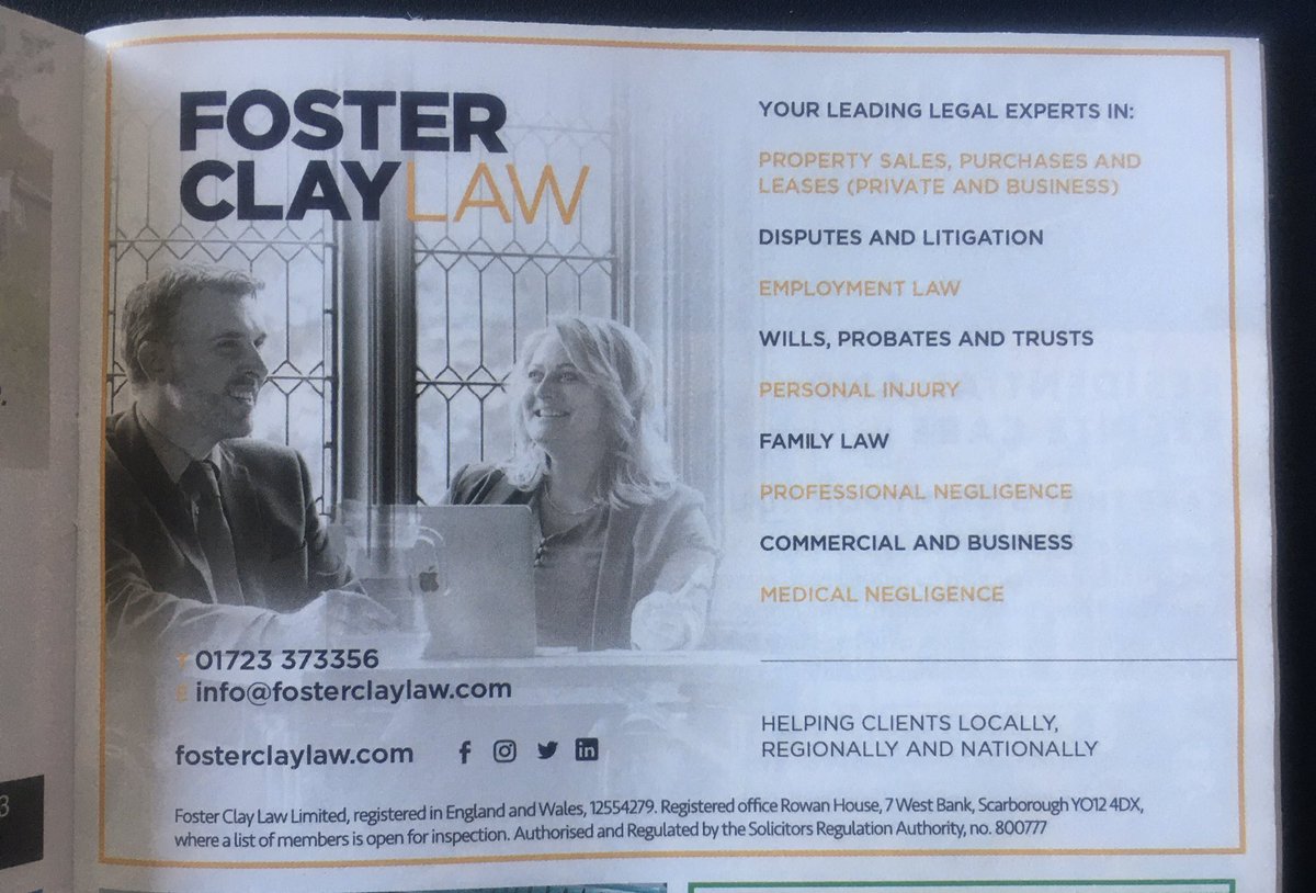 InspireLegal_'s tweet photo. Itโs great to see us in @WhitbyAdvertise with a photo of @NathanClayLaw and @NatFosterLaw. Please contact info@fosterclaylaw.com or 01723 373356 and weโll be pleased to help with all your legal requirements #clientledcare #digitalfirm #Yorkshire #local #regional #national https://t.co/HSPDdzotj1