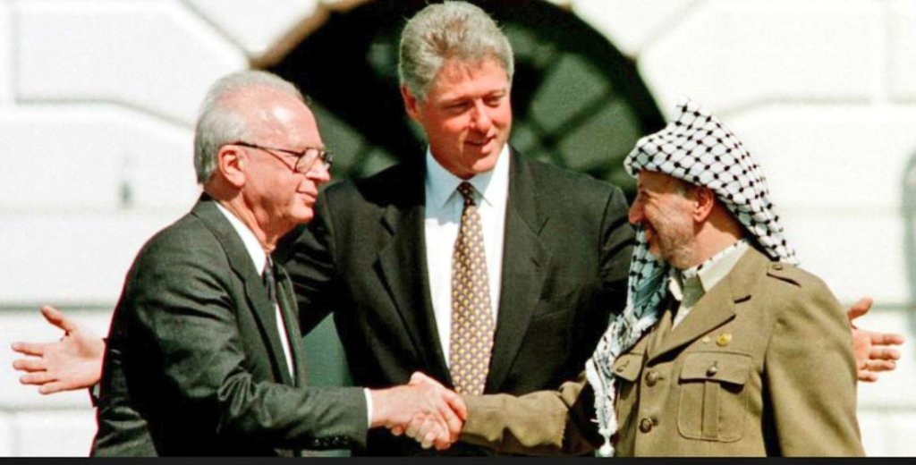 On September 13, 1993, Israel and the Palestine Liberation Organization (PLO) led by Yasir Arafat signed a declaration of principles, known as the Oslo Accord, on the White House lawn under the auspices of President Bill Clinton.[1]