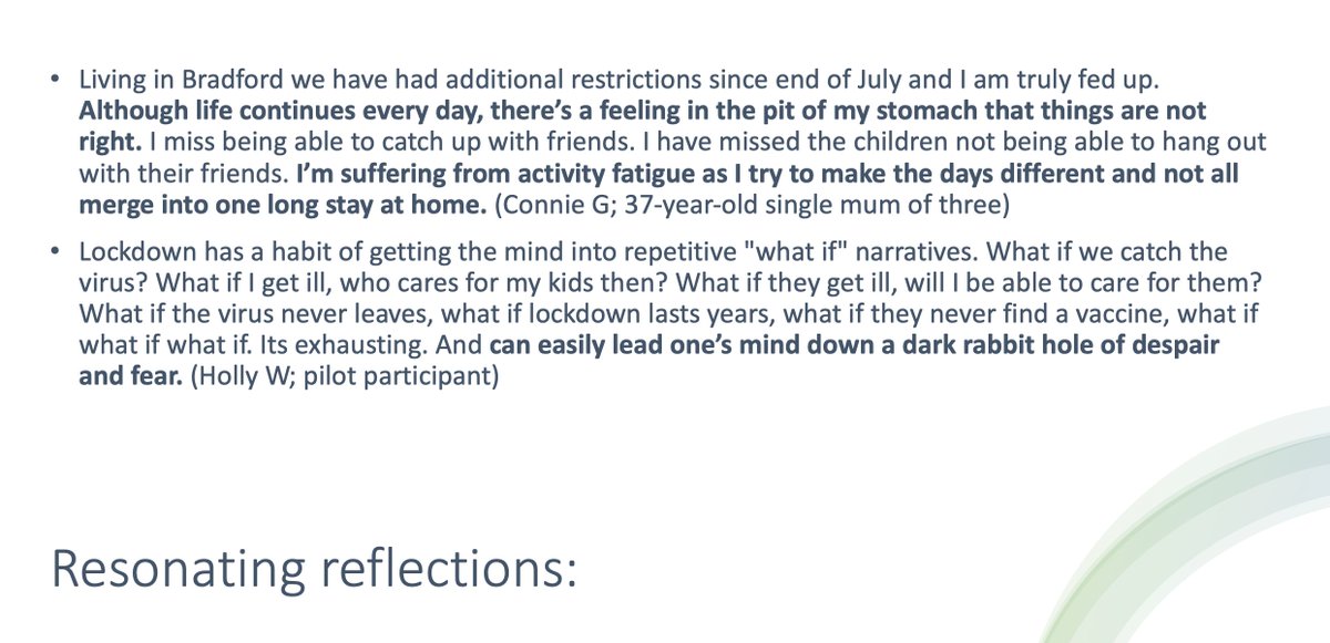 Many of the participants expressed feelings, which will resonate with many of us, whatever our income or household status. As Connie put it, "Although life continues every day, there’s a feeling in the pit of my stomach that things are not right."  #covidrealities