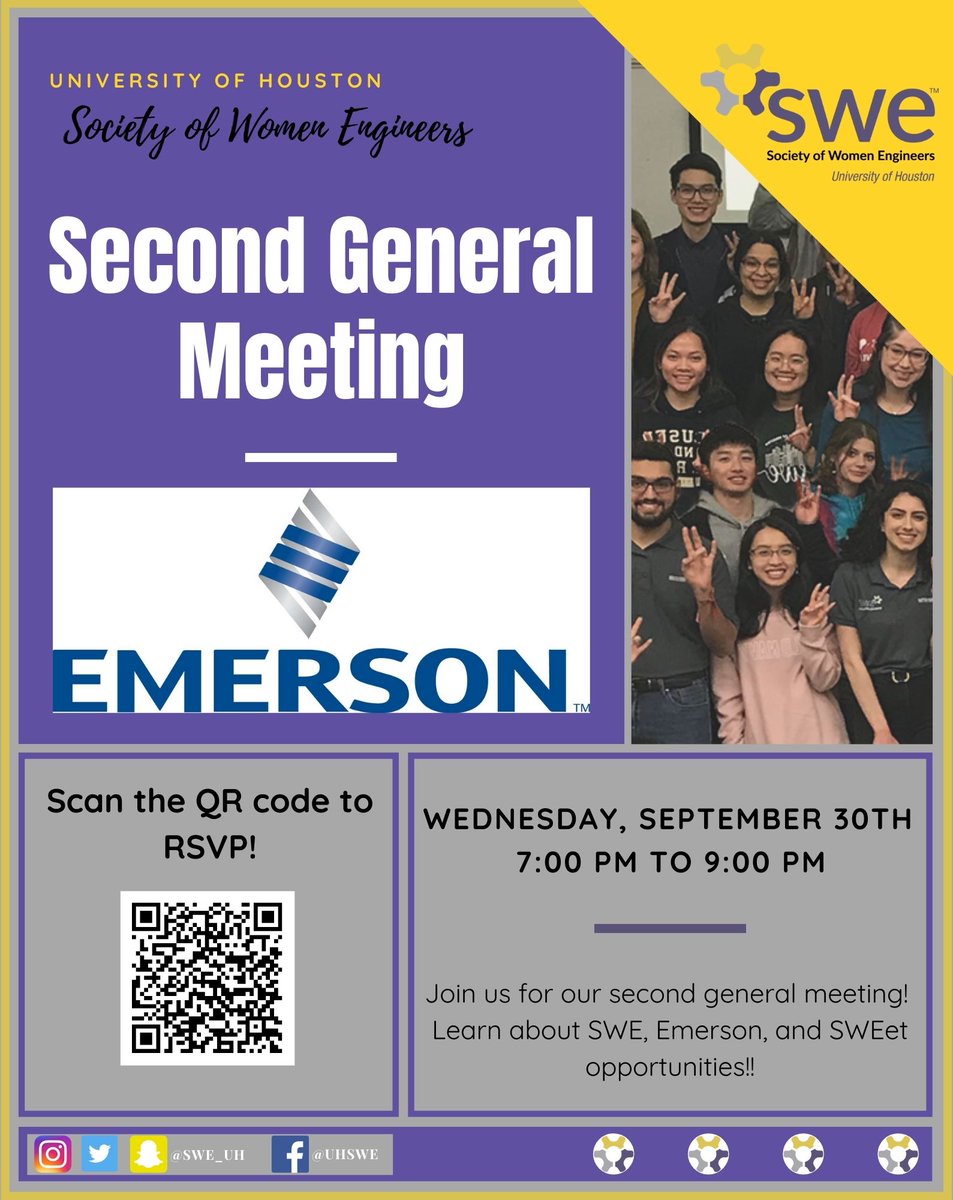 SWE_UH's tweet photo. Our second general body meeting is tomorrow. Join us and our guest speakers from Emerson to hear more about our organization and opportunities from Emerson! @UHEngineering #gocoogs #uhengineering #cullenengineering #uh2024 #uh2023 #uh2022 #uh2021 #SWEUH #femalesinstem https://t.co/EK5YqKsHQV