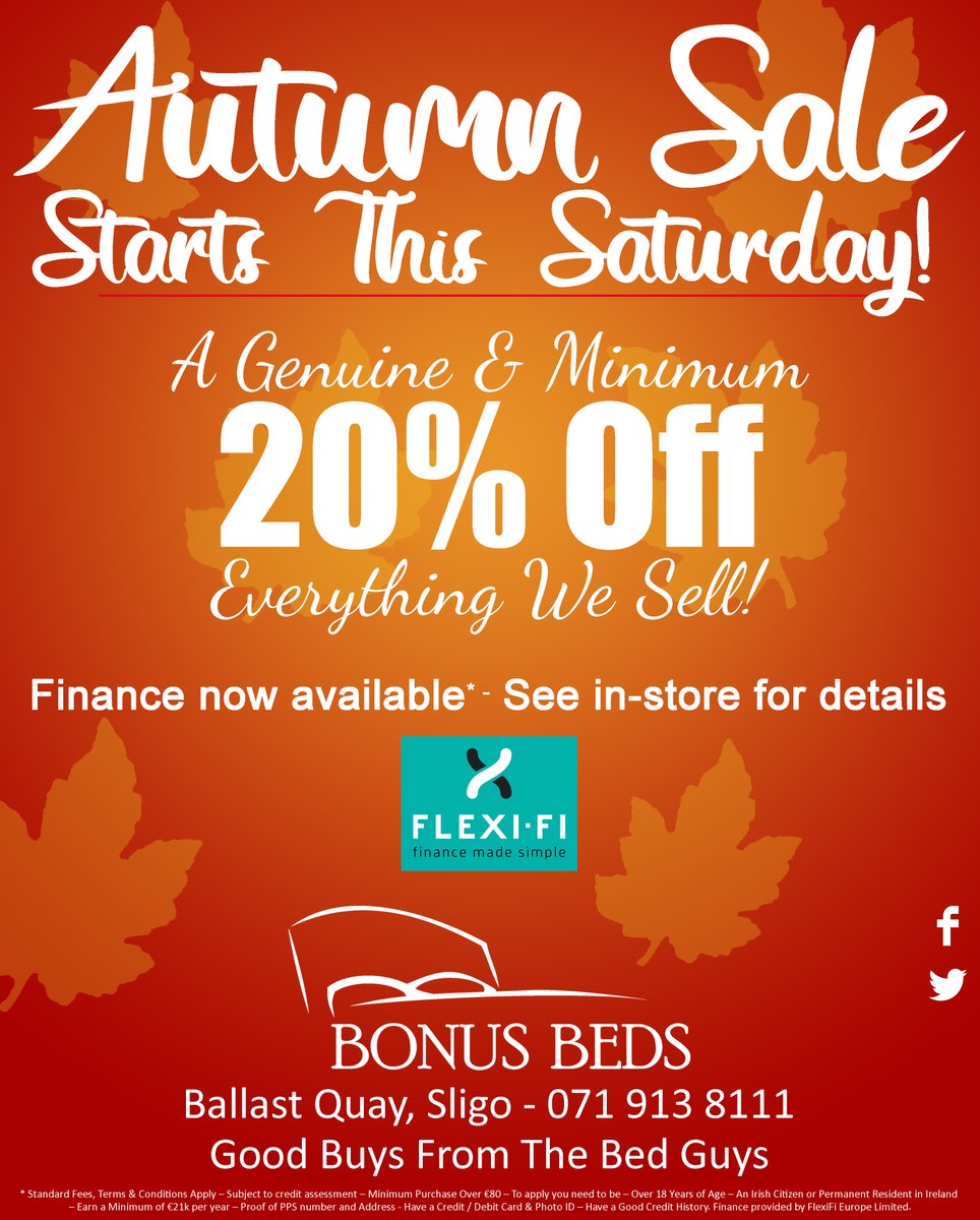 Bonus_Beds's tweet photo. Our Autumn Sale starts this Saturday! 
Those of you who have dealt with us before will know, this is a fantastic time to buy as you are guaranteed a genuine discount of at least 20%, with more off selected items in-store. #Sligo #Furniture #Sale https://t.co/YjgygQdhDs