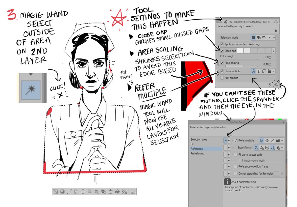 How to easily flat very open lineart in Clip Studio.
Clip has a really great Close Gap setting in it's selection and fill tools but sometimes it's not /quite/ enough to get the shapes but you still don't want to have to hand outline the whole damm lineart. here is my workflow. 