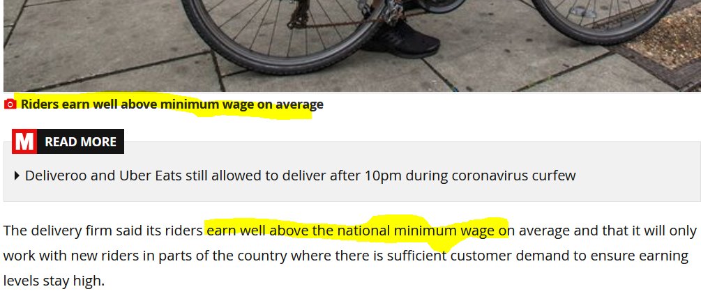Or how about this assertion that riders earn "well above the minimum wage"? Presented as fact under the picture of a smiling  @Deliveroo rider? Did he bother asking  @SYorksCouriers  @CouriersNotts  @CouriersNetwork @Couriers_Scot  @CouriersYork if this was true? Spoiler: it ain't!