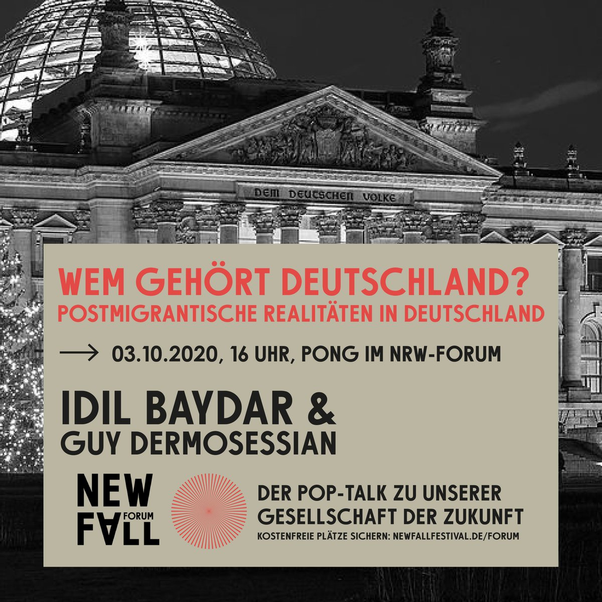 NewFallFestival's tweet photo. Pop-Talk zu Integration & Migration beim #NewFallForum Panel "Wem gehört Deutschland? Postmigrantische Realitäten" mit @BaydarIdil und Guy Dermosessian (@KALAKUTASOULREC) am Samstag im PONG / @NRW_FORUM #Düsseldorf (Ausverkauft!) Livesteam: https://t.co/ppocft2bFx https://t.co/4bVCJqfvoQ