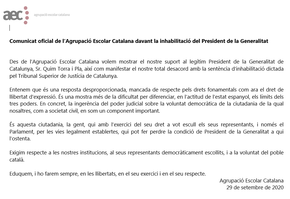 Comunicat de l'AEC davant la inhabilitació del President de la Generalitat #QuimTorraPresident #QuimTorra <a href="/QuimTorraiPla/">Quim Torra i Pla</a> #llibertatdexpressio <a href="/JosepBargallo/">Josep Bargalló Valls</a> <a href="/govern/">Govern de Catalunya</a> <a href="/meritxellbudo/">Meritxell Budó🎗</a> #educacio