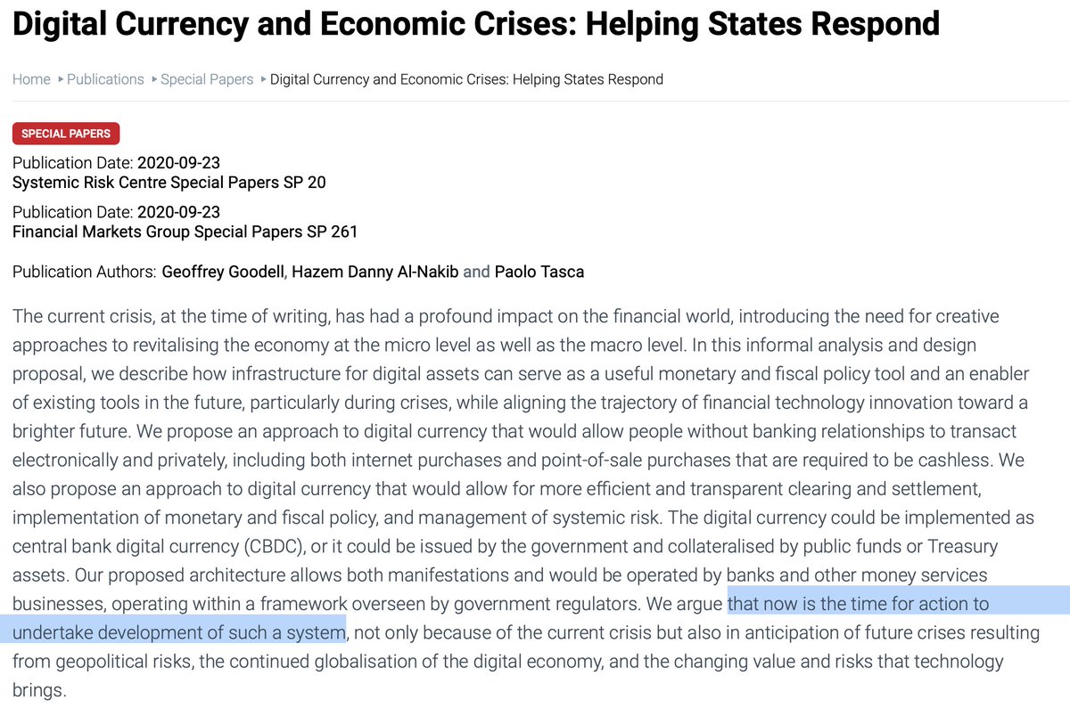  @LSE_SRC,  @uclcbt and  @LSEnews publish new paper by  @PaoloTasca Geoff Goodell and Hazem Danny Al-Nakib. “Now is the time for action to undertake development of such a [CBDC] system” to help respond against system risks to the system. https://www.systemicrisk.ac.uk/publications/special-papers/digital-currency-and-economic-crises-helping-states-respond  #CBDC