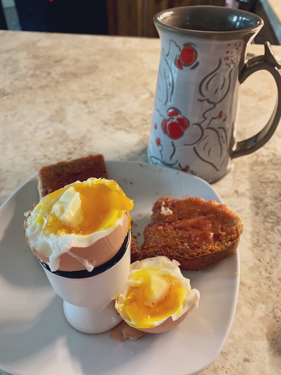dawnpalcock's tweet photo. All things Newfoundland 😊☕️Coffee from @JumpingbeanCA mug from @potterykp homemade bread compliments of my sweet Aunt, homemade strawberry rhubarb jam compliments of my mother in law &amp; fresh farm eggs from a local farmer here in Springdale! #goodmorning #perfection #breakfast https://t.co/QehtJ2XPPC
