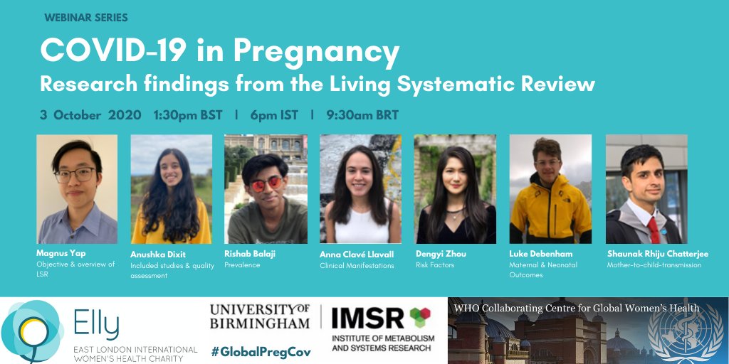 Join <a href="/thangaratinam/">Professor Shakila Thangaratinam</a> &amp; @unibirm_MDS students for an overview of living systematic reviews involving #pregnant &amp; #postnatal women at risk, suspected, &amp; diagnosed to have #COVID19. Plus: <a href="/WHO/">World Health Organization (WHO)</a> <a href="/NIHRinvolvement/">NIHR Involvement</a> <a href="/globalpmh/">Prabha Chandra</a> &amp; women's perspectives #GlobalPregCov 👉bit.ly/33crWca