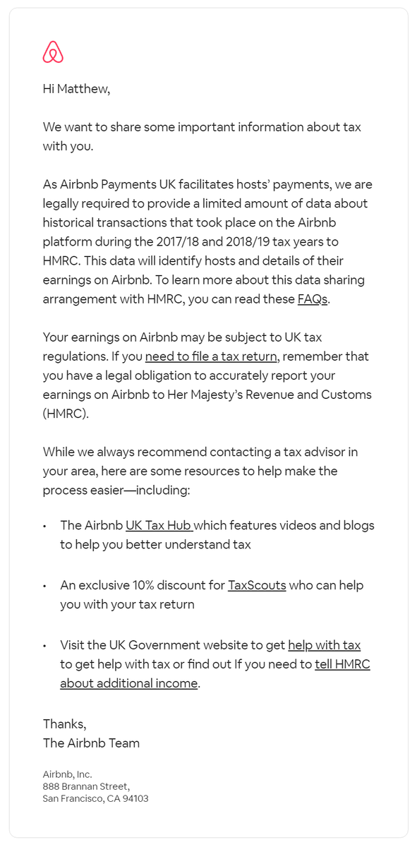 A "friendly" reminder from Airbnb to keep your books in order - did any other UK hosts else get it? If you need to get your Airbnb sales into <a href="/Xero/">Xero</a> without lots of tedious retyping, GuestRevenue is open for registration and free to use.