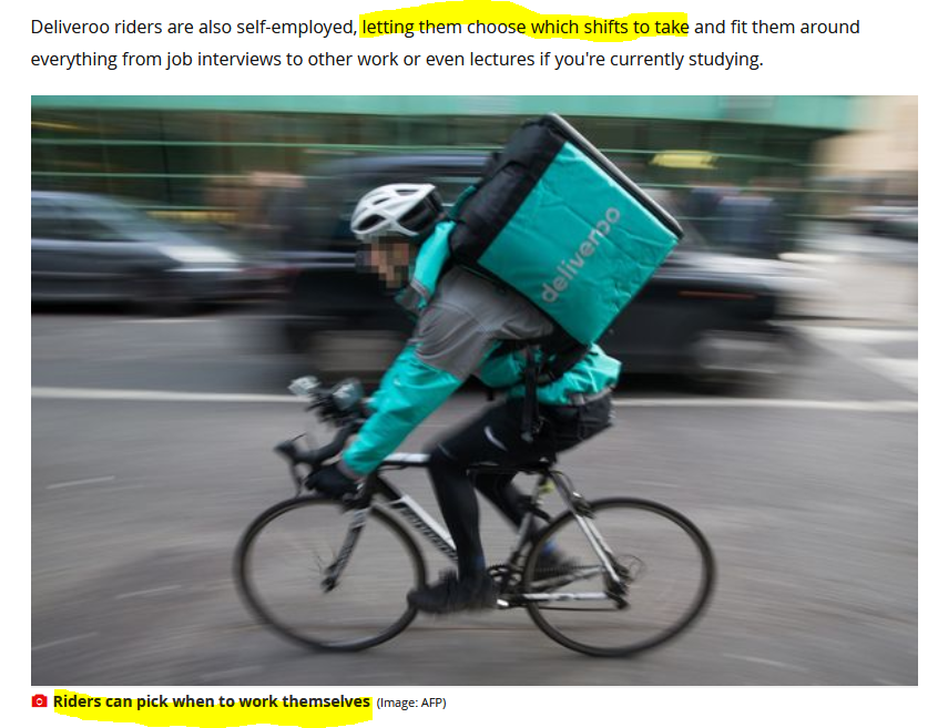 Or the classic "flexibility" canard. Did he ask any riders how flexibility works in reality? If he had they'd have told him that to earn anything at all, you are effectively forced to work at peak times. He would have also heard of how the company relies on it's full-time riders