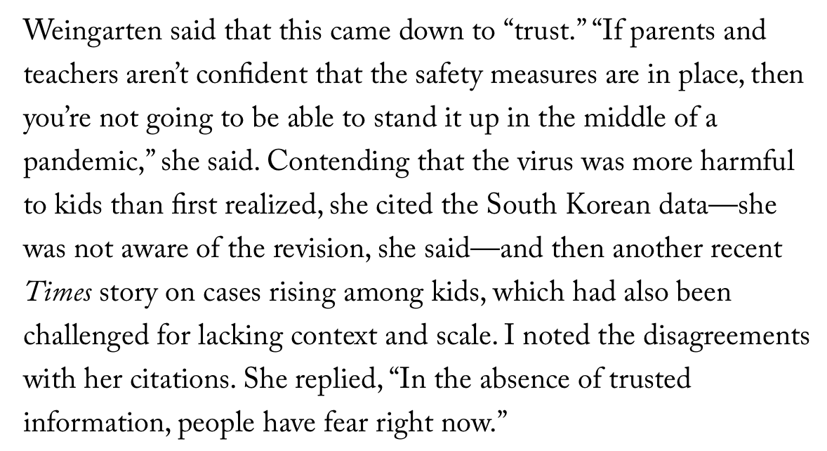 "I personally know parents who changed their whole next year because of the article," one influential sociologist told MacGillis. A 4th-grade teacher in Baltimore, and teachers' union boss  @rweingarten cited the  @nytimes article on South Korea as the reason to keep kids home.