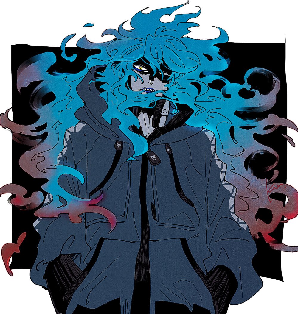 fiery hair 1boy male focus solo long hair blue hair jacket  illustration images