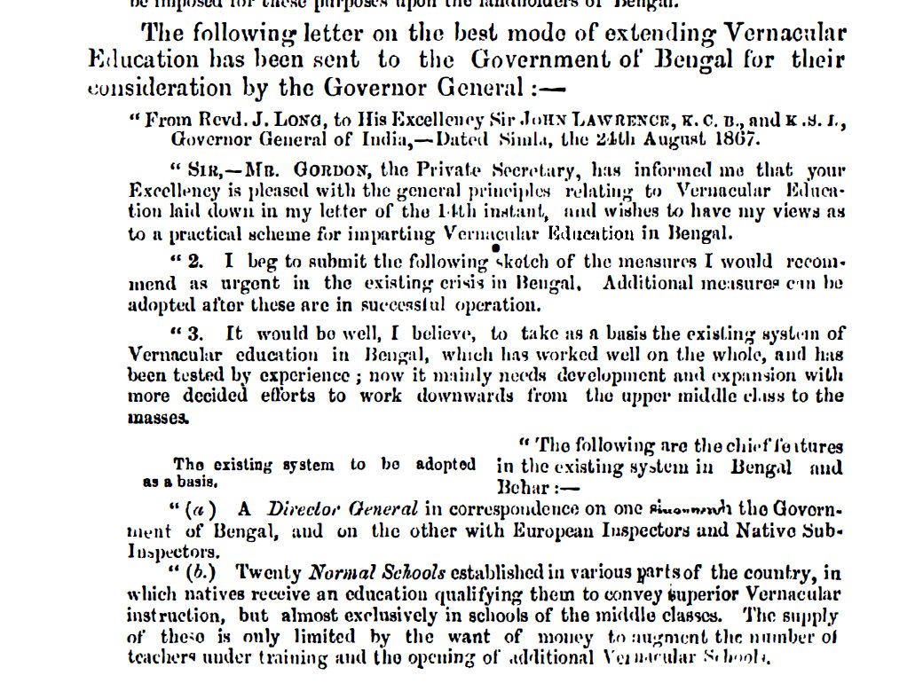 1867, J long wrote a letter to Governor General of India recommending general principles of Vernacular education: to then existing system of schooling comprising working well:1. A Director General, 2. 20 Normal schools, 3. Model Schools,4. Aided Schools, 5. Guru Schools7/n