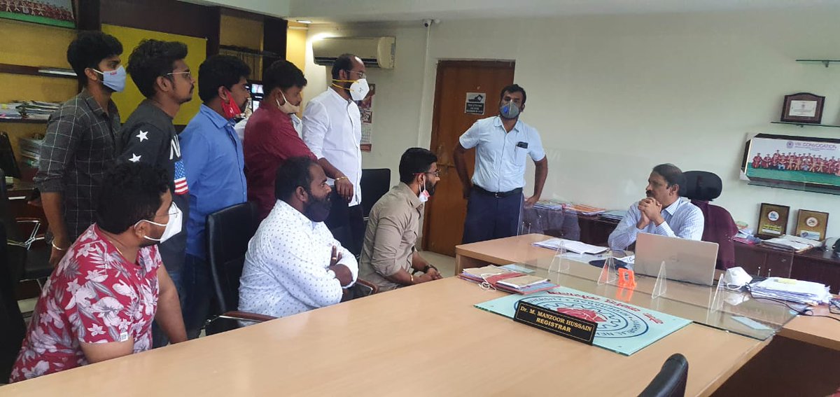 VenkatBalmoor's tweet photo. Met the JNTUH Registrar Manzoor Hussain &amp; gave representation regarding the exams of 1st, 2nd &amp; 3rd year students. Requested him to promote them immediately without any further delay. I'll give u further updates on this issue at 8pm tomorrow in LIVE. @guptar @examupdt https://t.co/437qnWCBbQ