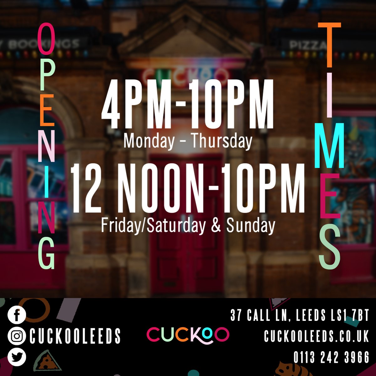 Check out our new opening times and be sure to pay us a visit to make the most of your weeknights with our incredible cocktail range 🥰

Download the COVID-19 Track &amp; Trace app to check-in when you come down - Don't forget your face covering 😷

#Cuckoo #Leeds #CallLane #drinks