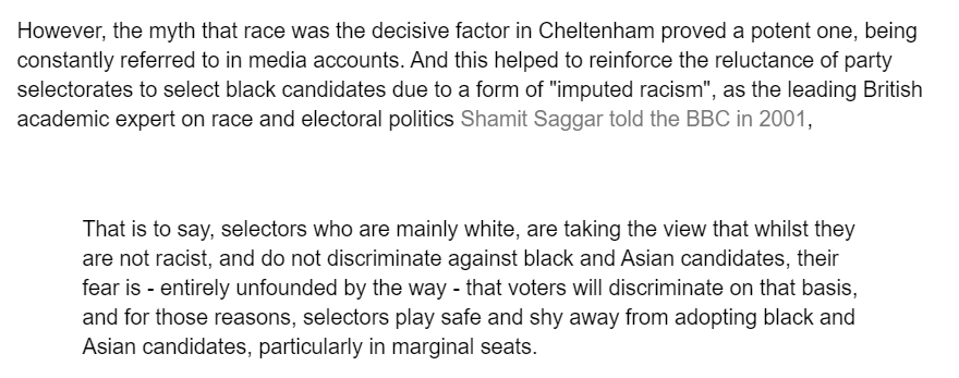 Hackney 1987 result supports hypothesis that "imputed prejudice" - selectorates fearing yet also exaggerating racial prejudice of voters - put significant brake on ethnic diversity in parliament esp 1983-2005 period, as Shamit Saggar argued in 2001 http://www.bbc.co.uk/otr/intext/20001008_film_1.html