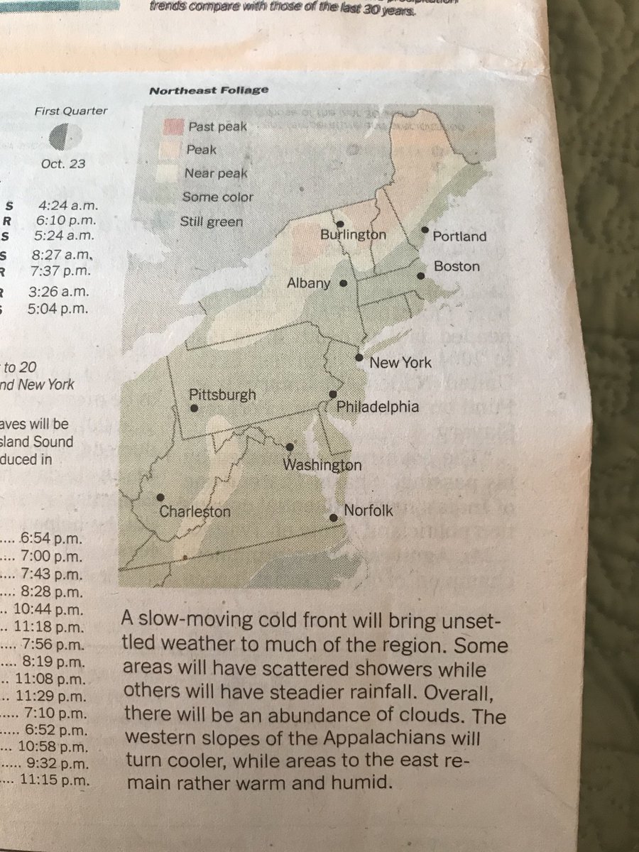 EliseOnDeadline's tweet photo. That time of year when the NYT’s ocean-temps chart is replaced by the foliage chart. #Ugh #UghUghUgh #Ugggghhhh https://t.co/DSwRE7BZRq