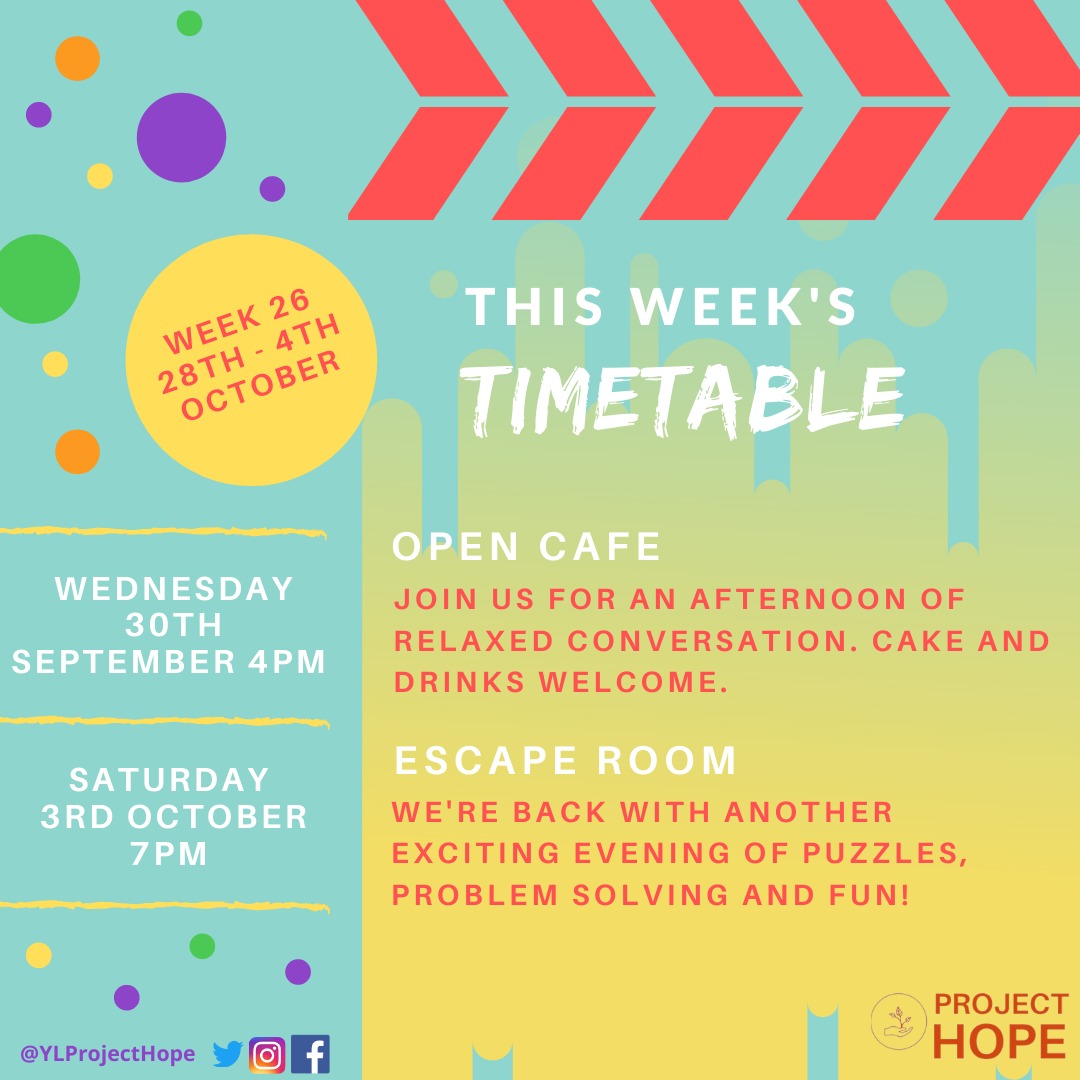 ylprojecthope's tweet photo. β¨ THIS WEEK'S TIMETABLE β¨
.
Wednesday's session is an Open Cafe.π°
.
Saturday's session is an Escape Room! π
.
Open to 13-25 year olds π
.
Use the LINK IN OUR BIO to sign up! π€©
.
See you all soon! π
#YLProjectHope #ProjectHope #Timetable https://t.co/sq1KgKSG1W