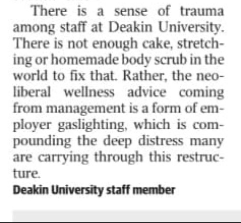 In Saturday’s <a href="/geelongaddy/">Geelong Advertiser</a>, from a <a href="/Deakin/">Deakin University</a> staff member. Staff don’t need mug cake and wellness tips. We need secure jobs, working conditions that don’t bleed us dry, university management that doesn’t gaslight us with calls for our “flexibility”.