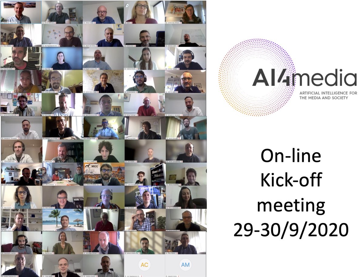 Group photo of AI4Media Consortium during the on-line kick-off meeting :-) Very excited to have the project starting with 30 partners and more than 80 participants! Also featuring our new logo!
