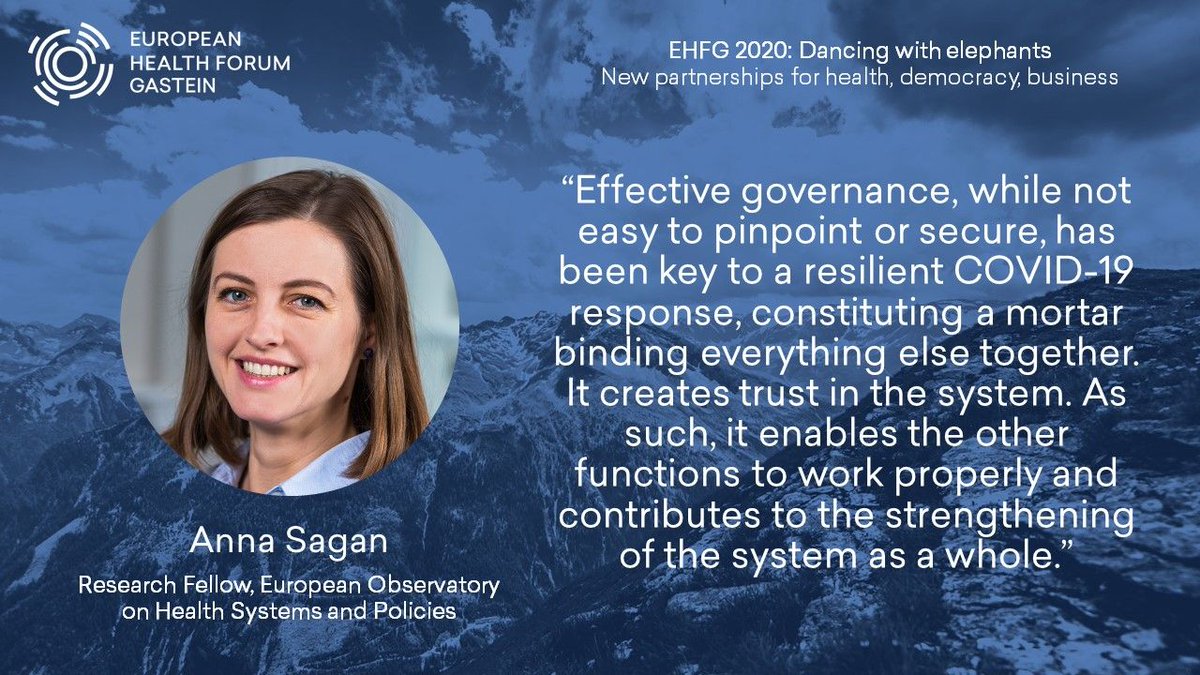 GasteinForum's tweet photo. Effective governance is key for #healthsystems resilience - as @annadsagan will illustrate in tomorrow's session by @OBShealth & @bmsgpk. Join to explore best practices to build up health system #resilience across all societal goals! #EHFG2020 #dancingwithelephants https://t.co/MDuVIP3e3n