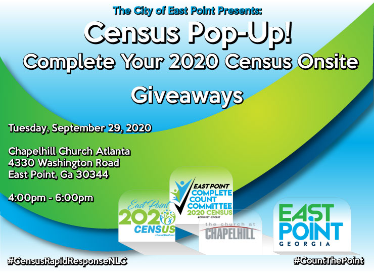 cityofeastpoint's tweet photo. Census Pop-Ups today at Chapelhill Church Atlanta from 4-6 and at Sammy Cheezecake from 4-8. The new deadline to self-respond to the 2020 Census is October 5th. #CountThePoint https://t.co/qCrL09XIDN